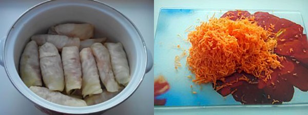 解冻的白菜卷在平底锅和切碎的胡萝卜