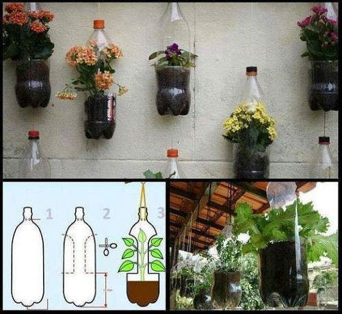 Hangende potten gemaakt van plastic flessen
