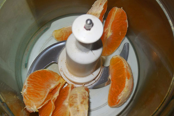 在搅拌机中碾碎橘子