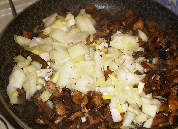 fritar cogumelos e cebolas
