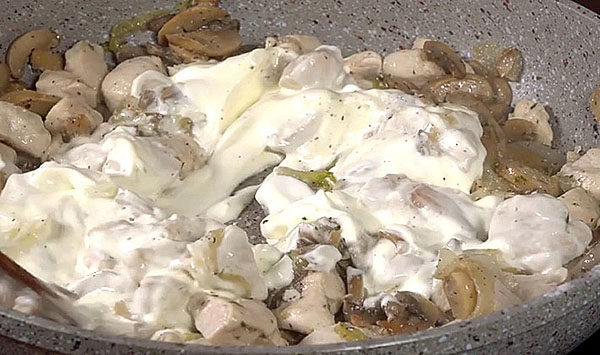 Despeje os cogumelos com creme azedo de frango