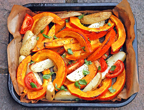 Gresskar med grønnsaker, bakt i ovnen