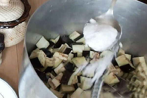 snij de auberginekubussen en zout