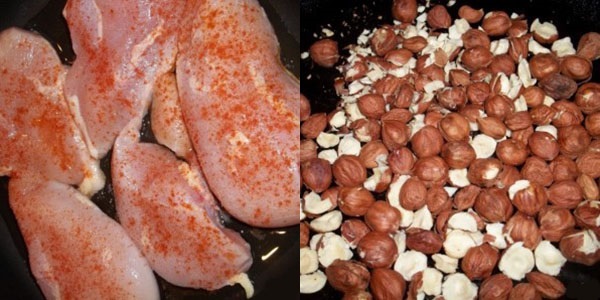variť kuracie filety a smažené orechy